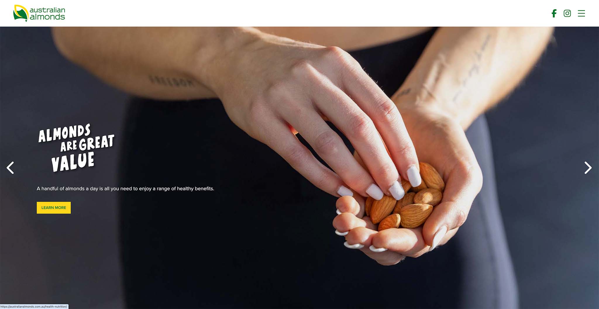 Australian Almonds "almonds are great value" website photography.