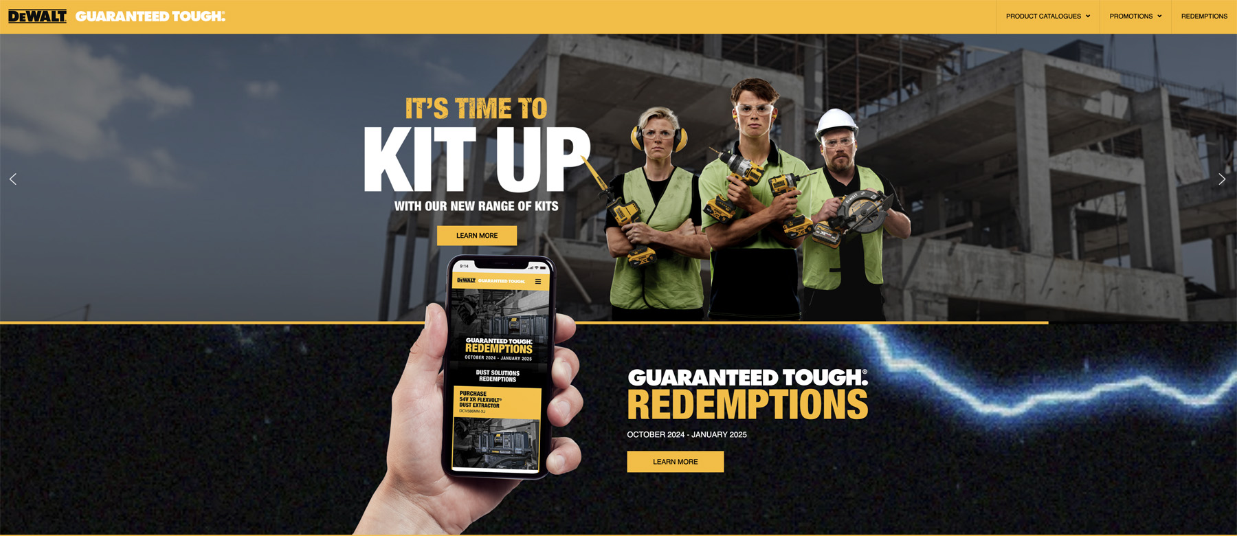 Online campaign advertising for DeWalt showing three trades people holding power tools.