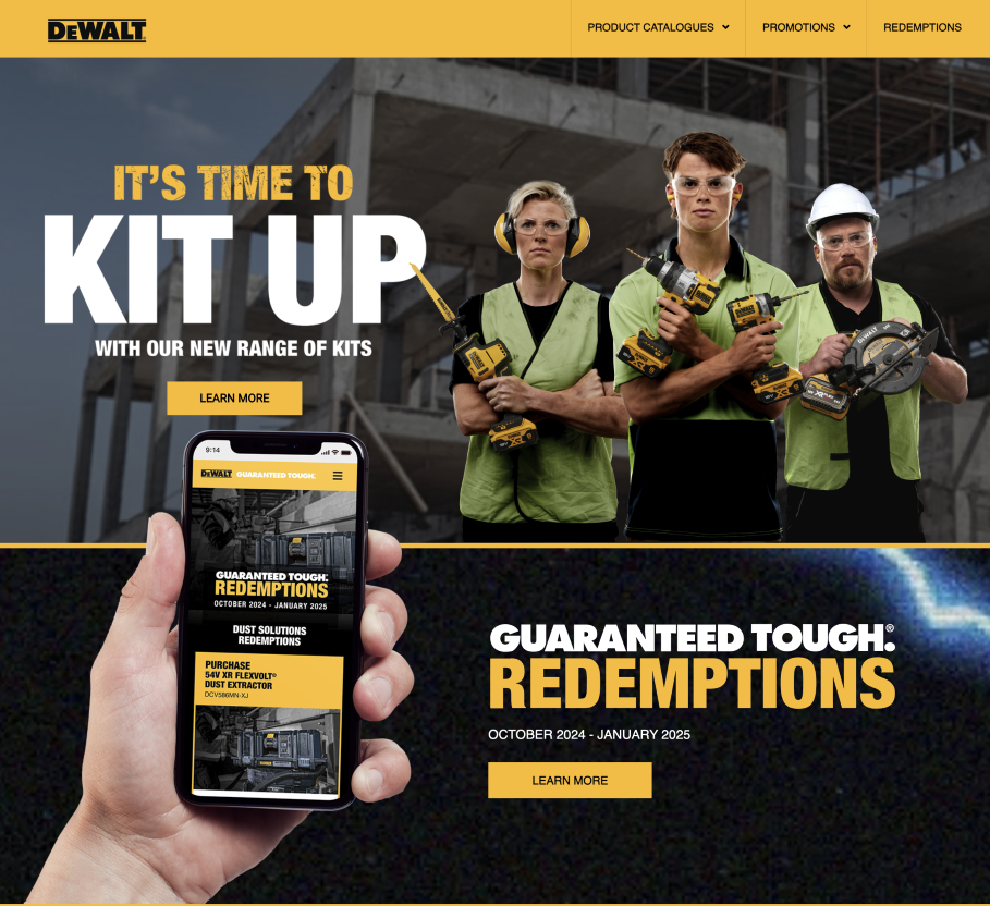 Online campaign advertising for DeWalt showing three trades people holding power tools.