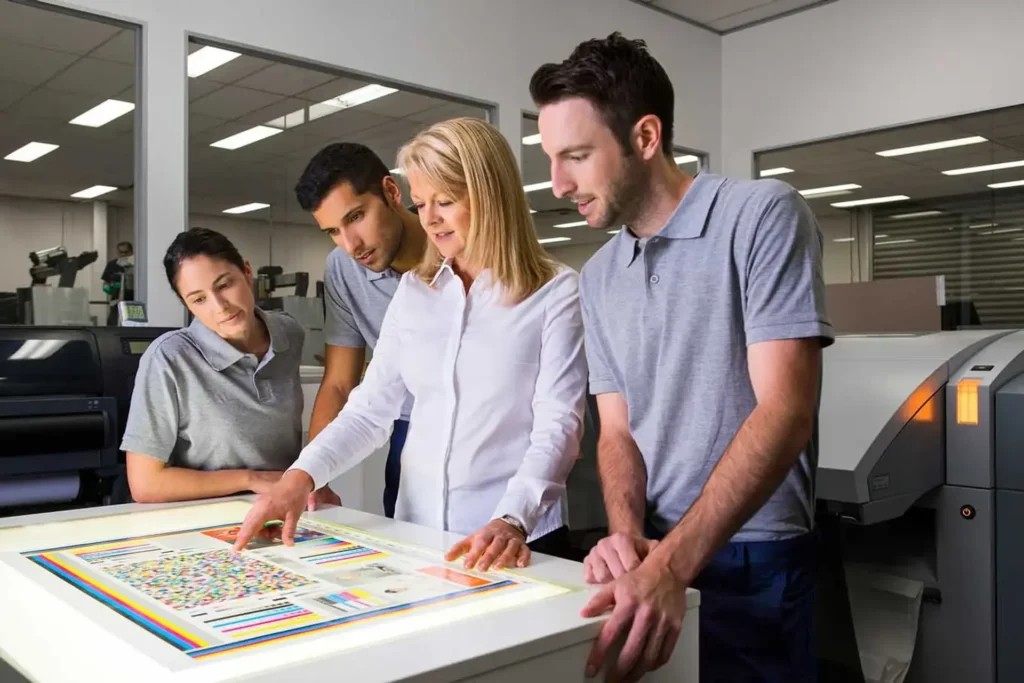 Team learning new skills in a off set printing press in Port Melbourne stock photography.