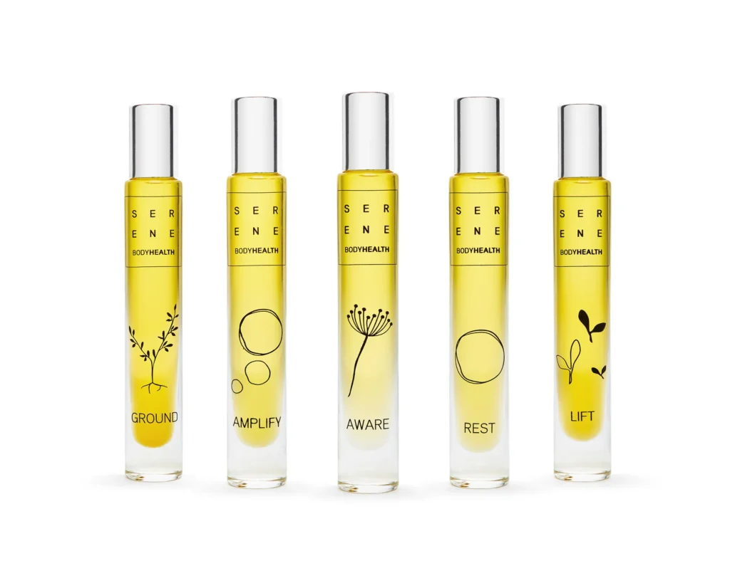 Serene Body Health product photography of multiple perfume bottles photographed in studio.